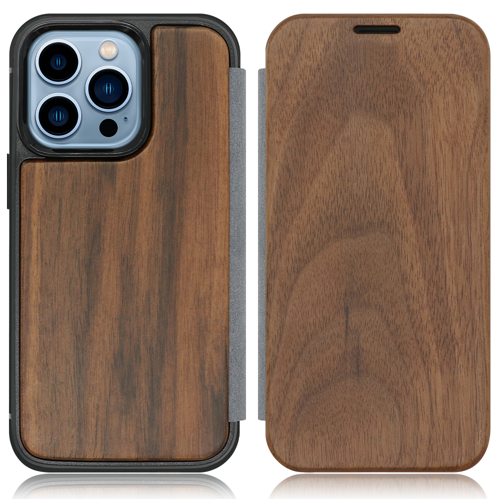 LOOF Nature Premium Fit iPhone 13 Pro 用 [胡桃] 天然木 手帳型ケース 背面 ケース カバー ハードケース 背面カバー 木製 ウッドケース 本革 マグネット無し 薄い 軽い カード収納 スピーカーホール コンパクト シンプル