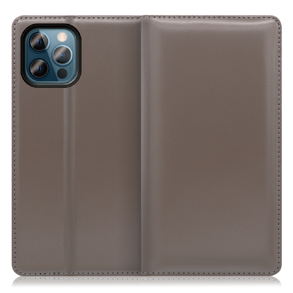 LOOF Simplle iPhone 12 / 12 Pro 用 [グレー]本革 マグネット不使用 手帳型ケース カード収納 幅広ポケット ベルトなし