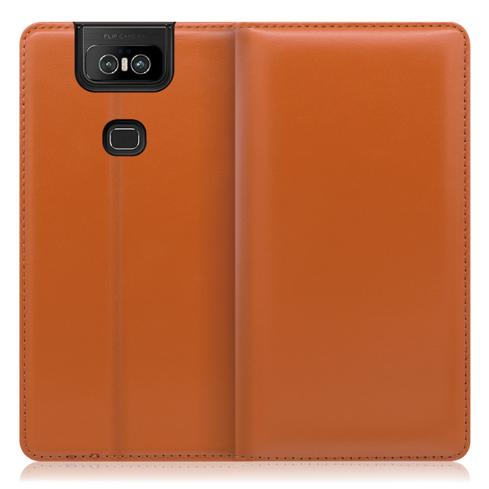 LOOF Simplle ZenFone 6 / 6 Edition 30 / ZS630KL 用 [オレンジ]本革 マグネット不使用 手帳型ケース カード収納 幅広ポケット ベルトなし