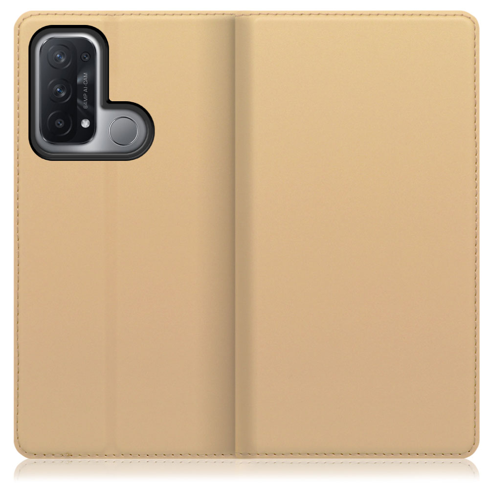 LOOF SKIN SLIM OPPO Reno5 A 用 [ゴールド] 薄い 軽量 手帳型ケース カード収納 幅広ポケット ベルトなし