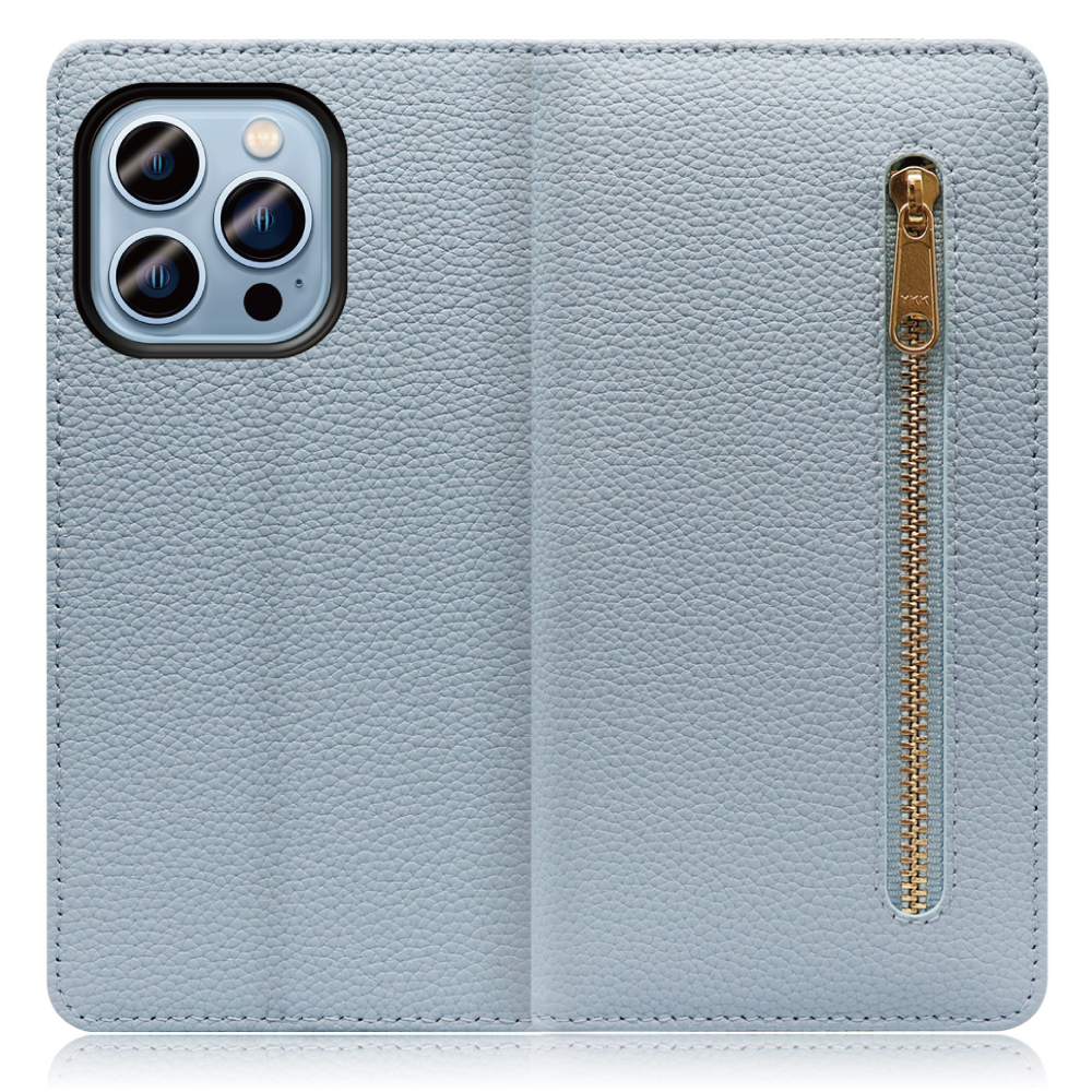 LOOF POCKET Series iPhone 14 Pro 用 [スカイブルー] 厳選本革 カード収納付き ベルト無し ファスナー ポケット付き 手帳型ケース
