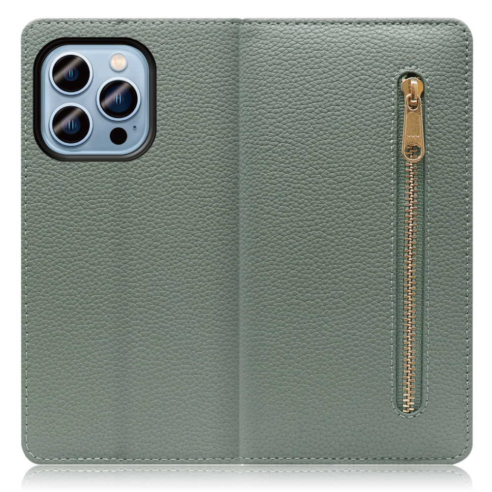LOOF POCKET Series iPhone 14 Pro 用 [ダルグリーン] 厳選本革 カード収納付き ベルト無し ファスナー ポケット付き 手帳型ケース