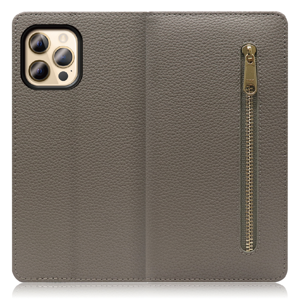 LOOF POCKET Series iPhone 12 Pro Max 用 [グレージュ] 厳選本革 カード収納付き ベルト無し ファスナー ポケット付き 手帳型ケース