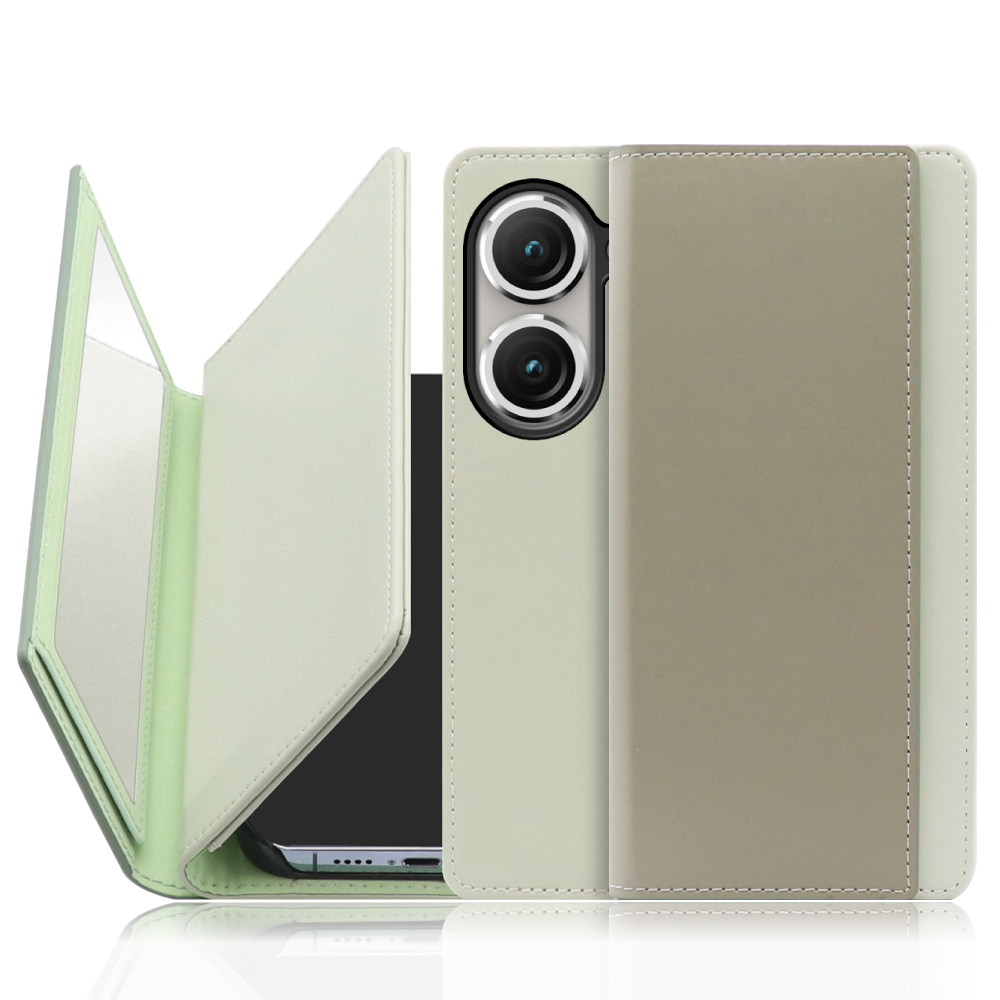 LOOF Mirror Series Zenfone 9 / 10 用 [抹茶グリーン] 手帳型ケース カード収納 ベルトなし スタンド ミラー 鏡 パステルカラー 化粧直し 鏡付き カードホルダー スタンド
