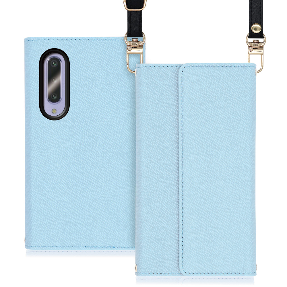 LOOF Strap Series AQUOS zero5G Basic 用 [ブルー] 両手が使える ネックストラップ ショルダー ロングストラップ付きケース カード収納 幅広ポケット