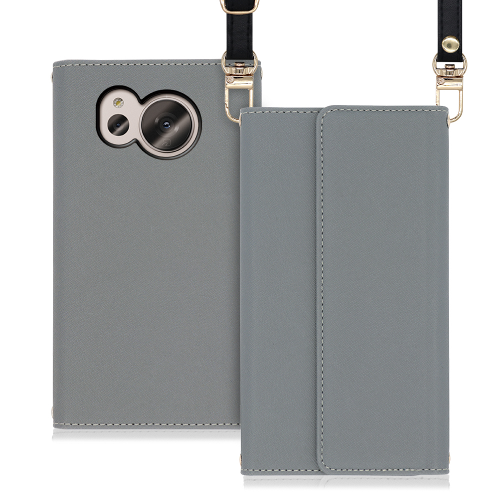 LOOF Strap Series AQUOS sense7 Plus 用 [グレー] 両手が使える ネックストラップ  手帳型ケース ショルダー ロングストラップ付きケース カード収納 幅広ポケット