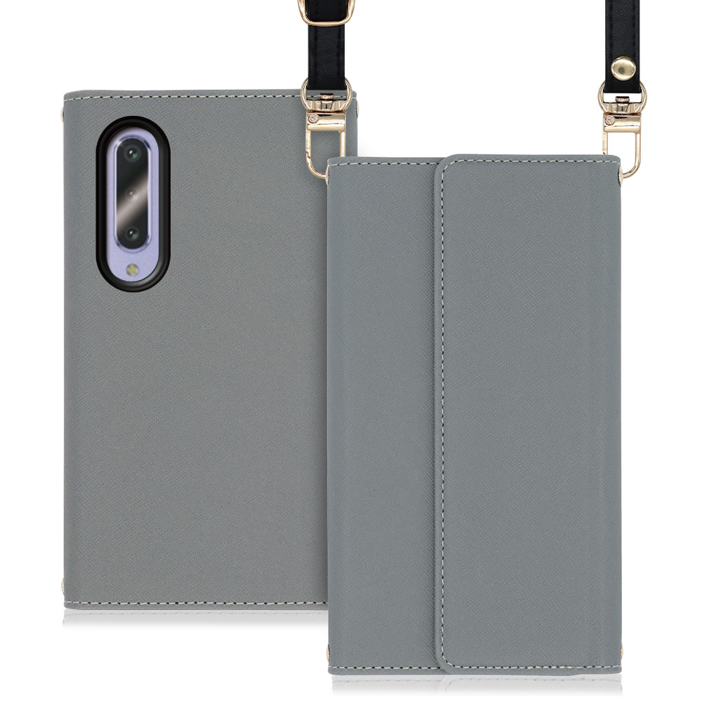 LOOF Strap Series AQUOS zero5G Basic 用 [グレー] 両手が使える ネックストラップ ショルダー ロングストラップ付きケース カード収納 幅広ポケット