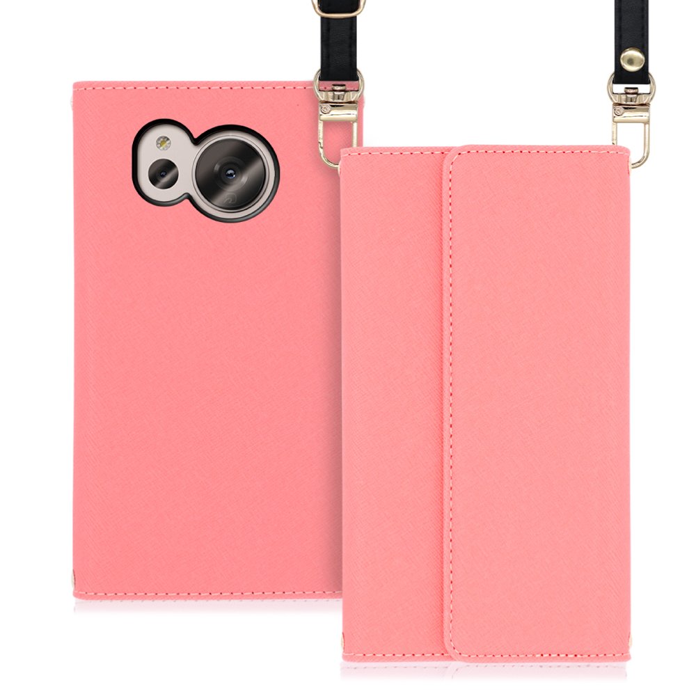 LOOF Strap Series AQUOS sense7 Plus 用 [ピンク] 両手が使える ネックストラップ  手帳型ケース ショルダー ロングストラップ付きケース カード収納 幅広ポケット