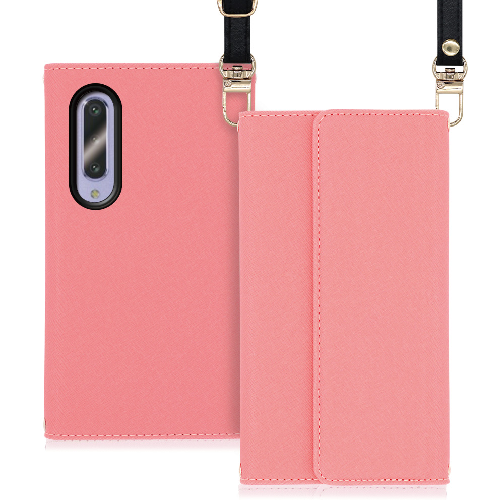 LOOF Strap Series AQUOS zero5G Basic 用 [ピンク] 両手が使える ネックストラップ ショルダー ロングストラップ付きケース カード収納 幅広ポケット