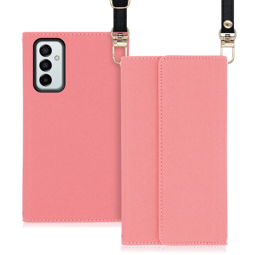 LOOF Strap Galaxy M23 5G 用 [ピンク] 両手が使える ネックストラップ ショルダー ロングストラップ付きケース カード収納 幅広ポケット