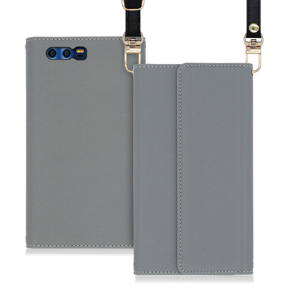 LOOF Strap HUAWEI honor9 / STF-L09 用 [グレー] 両手が使える ネックストラップ ショルダー ロングストラップ付きケース カード収納 幅広ポケット