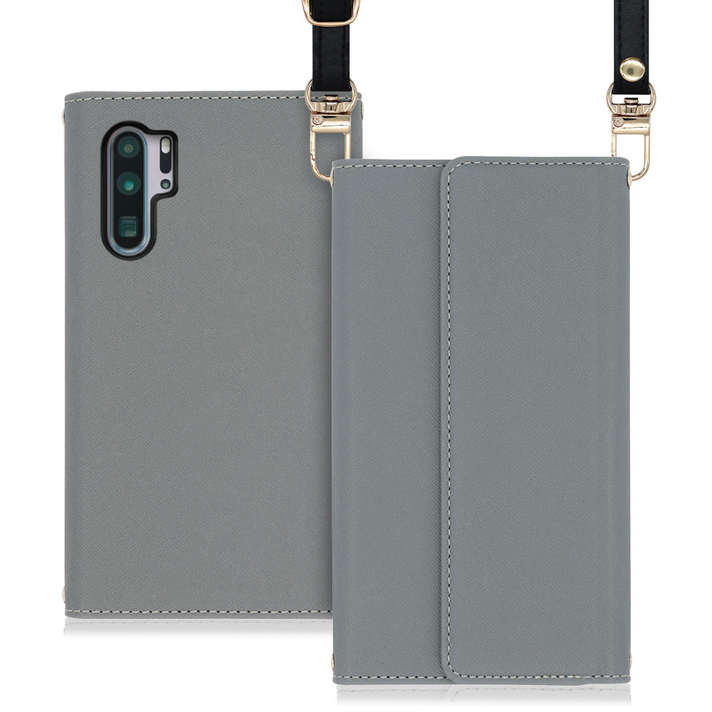 LOOF Strap HUAWEI P30 Pro 用 [グレー] 両手が使える ネックストラップ ショルダー ロングストラップ付きケース カード収納 幅広ポケット