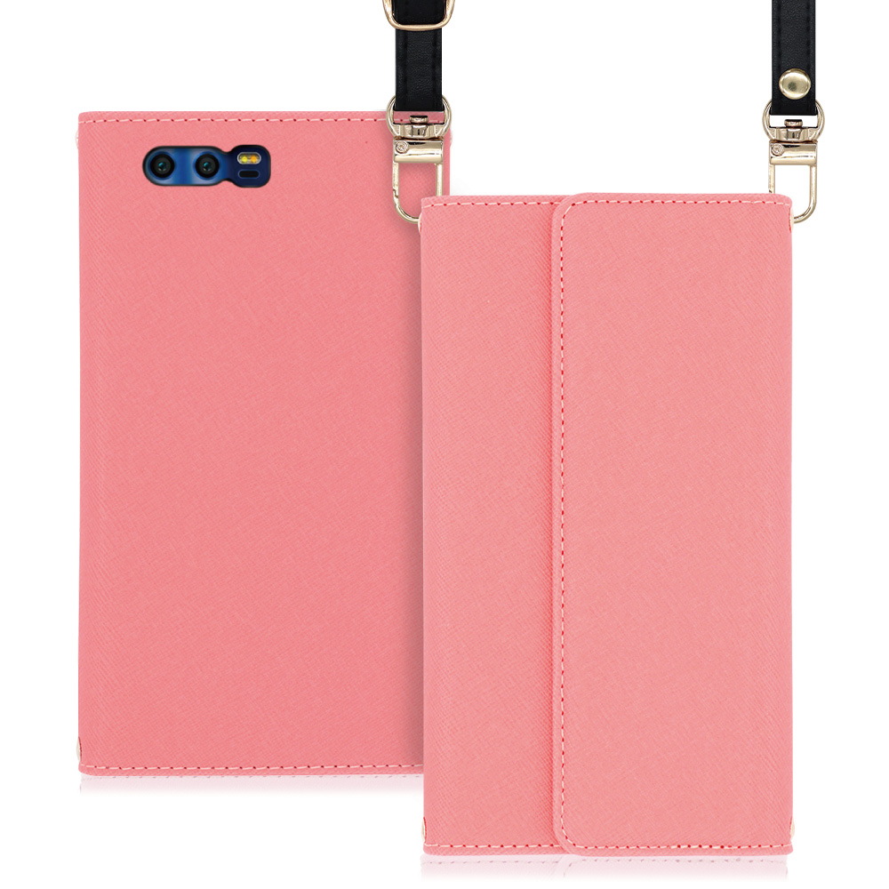 LOOF Strap HUAWEI honor9 / STF-L09 用 [ピンク] 両手が使える ネックストラップ ショルダー ロングストラップ付きケース カード収納 幅広ポケット