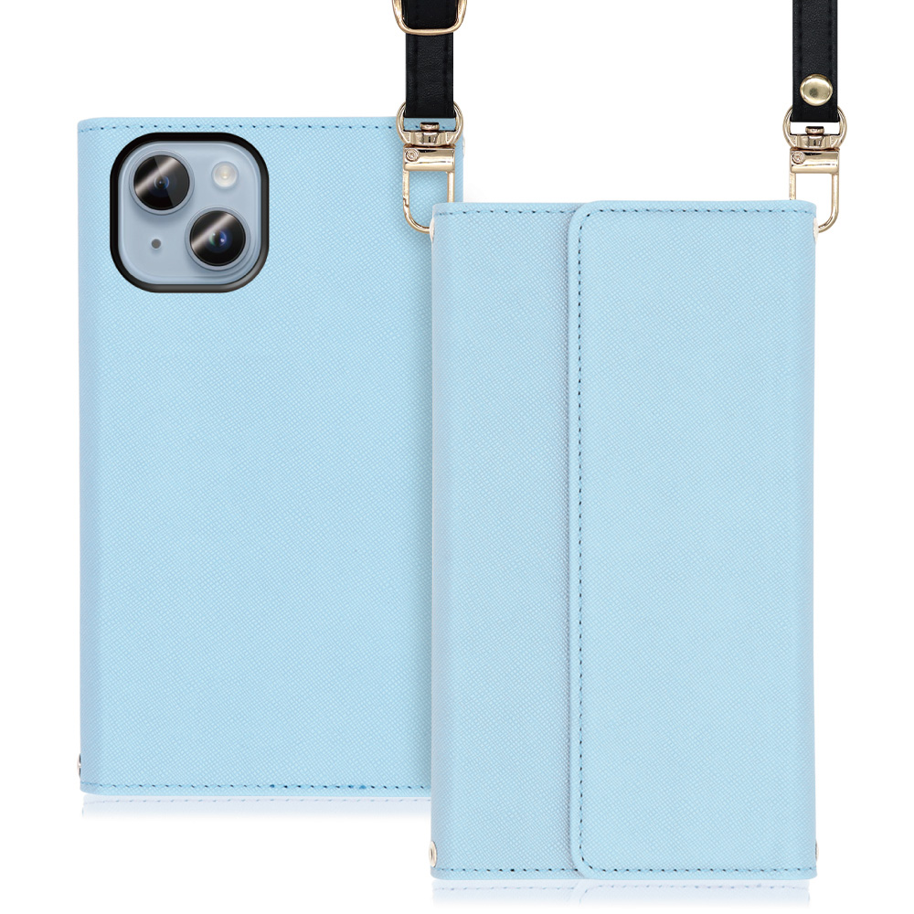 LOOF Strap Series iPhone 14 Plus 用 [ブルー] 両手が使える ネックストラップ ショルダー ロングストラップ付きケース カード収納 幅広ポケット