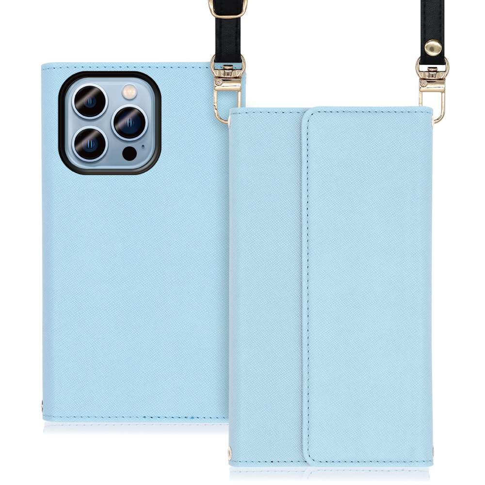 LOOF Strap Series iPhone 14 Pro 用 [ブルー] 両手が使える ネックストラップ ショルダー ロングストラップ付きケース カード収納 幅広ポケット