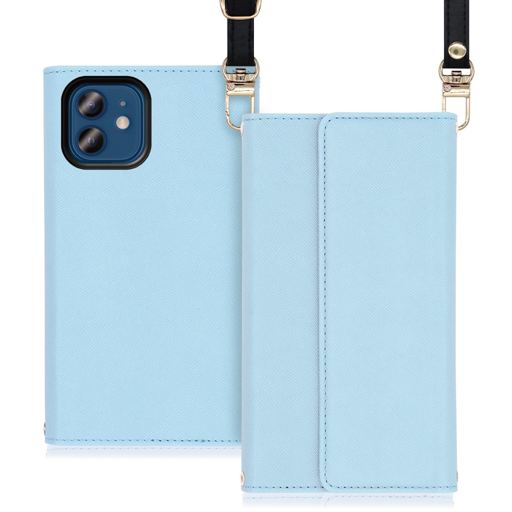 LOOF Strap Series iPhone 12 / 12 Pro 用 [ブルー] 両手が使える ネックストラップ ショルダー ロングストラップ付きケース カード収納 幅広ポケット