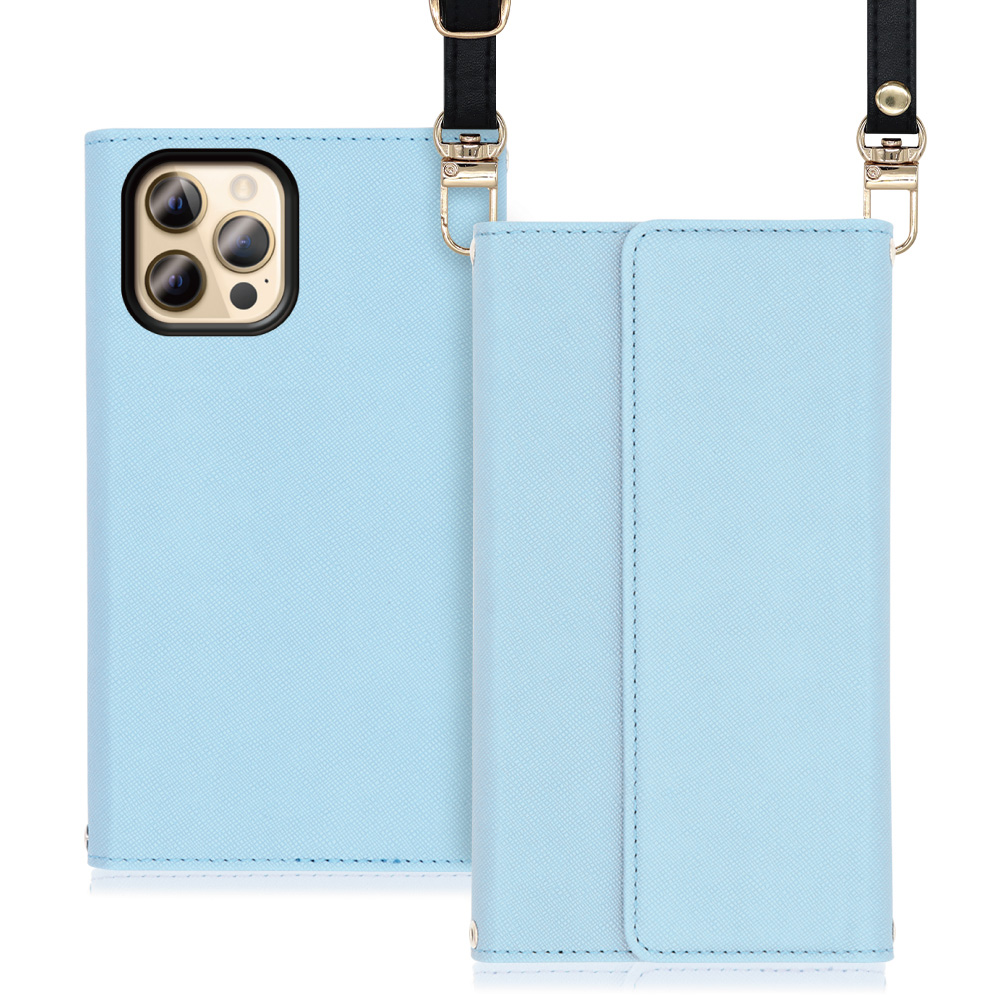LOOF Strap Series iPhone 12 Pro Max 用 [ブルー] 両手が使える ネックストラップ ショルダー ロングストラップ付きケース カード収納 幅広ポケット