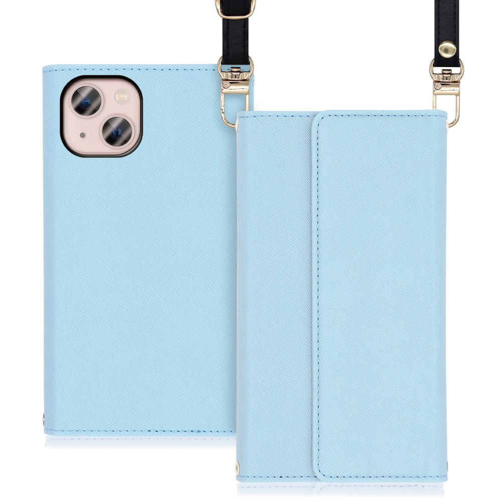 LOOF Strap Series iPhone 13  用 [ブルー] 両手が使える ネックストラップ ショルダー ロングストラップ付きケース カード収納 幅広ポケット