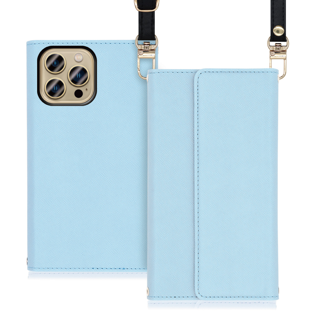 LOOF Strap Series iPhone 13 Pro Max 用 [ブルー] 両手が使える ネックストラップ ショルダー ロングストラップ付きケース カード収納 幅広ポケット