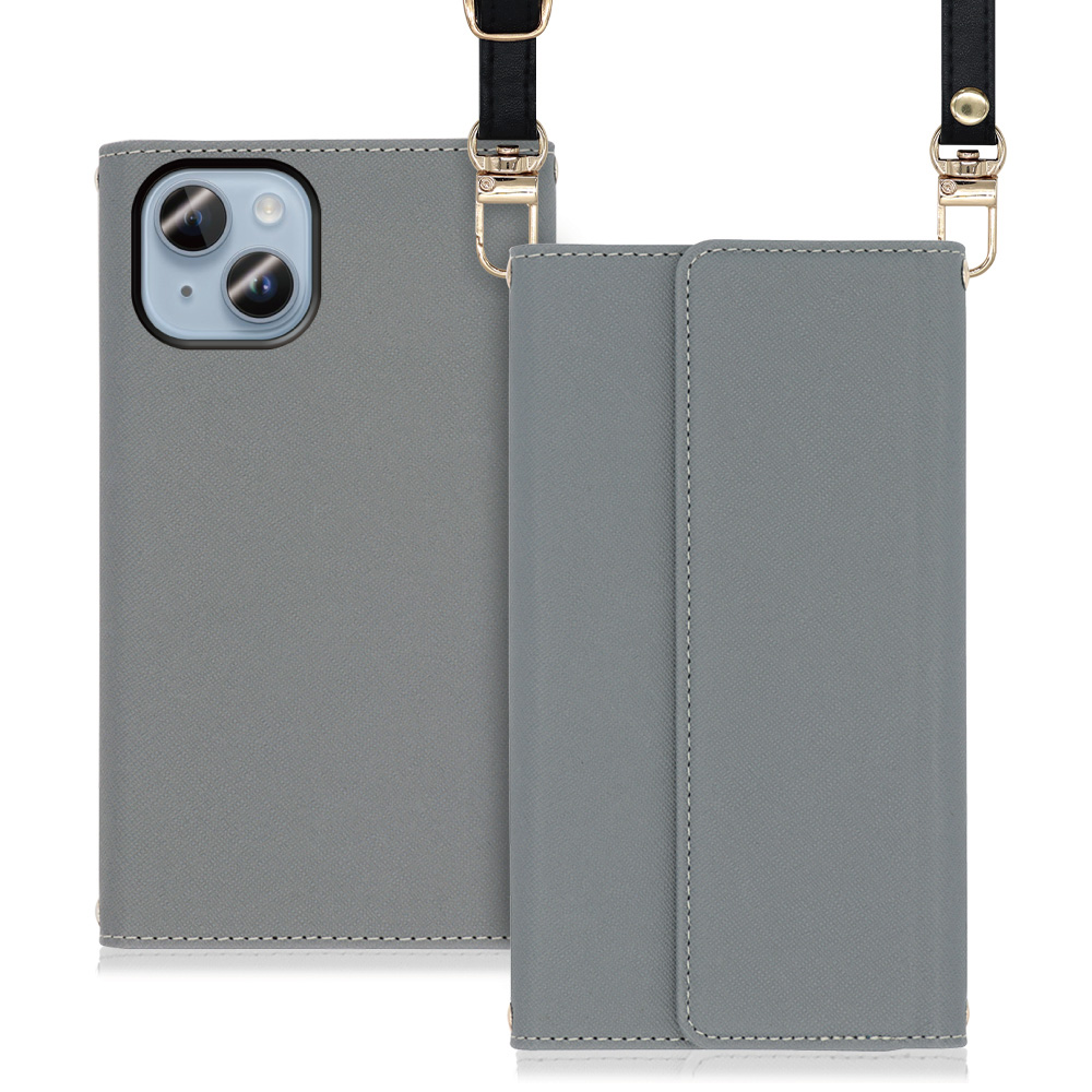 LOOF Strap Series iPhone 14 用 [グレー] 両手が使える ネックストラップ ショルダー ロングストラップ付きケース カード収納 幅広ポケット