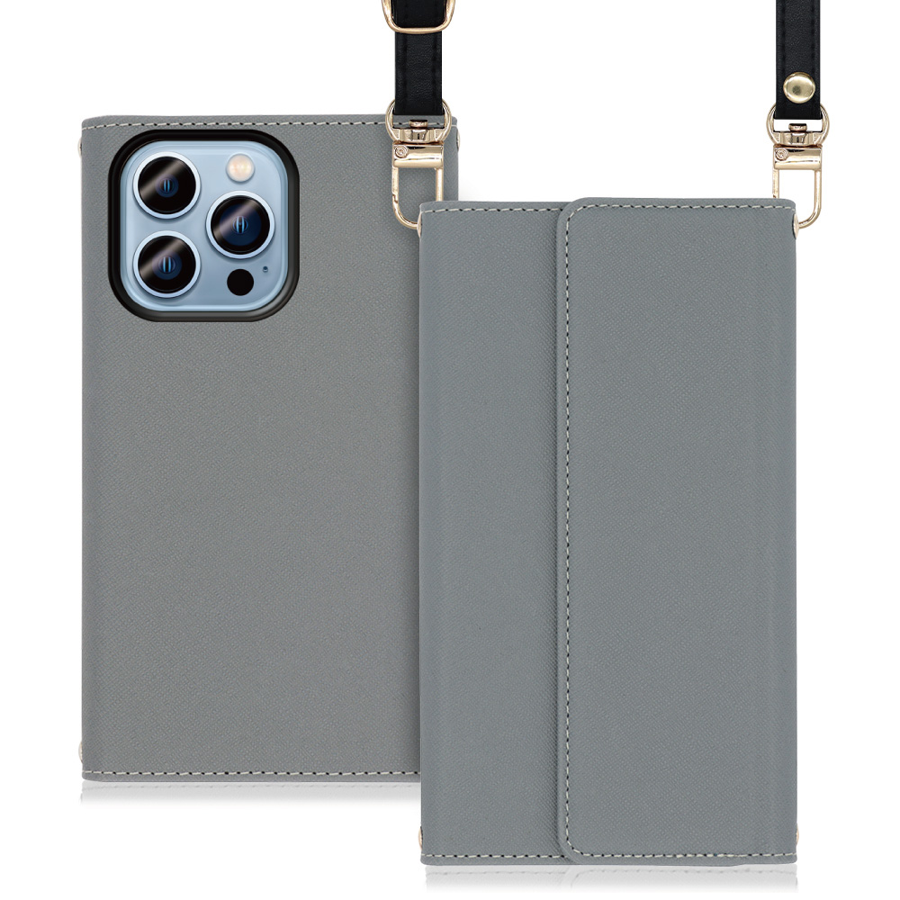 LOOF Strap Series iPhone 14 Pro 用 [グレー] 両手が使える ネックストラップ ショルダー ロングストラップ付きケース カード収納 幅広ポケット