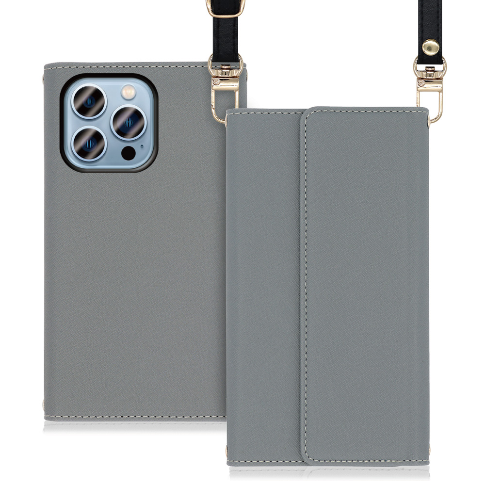 LOOF Strap Series iPhone 13 Pro 用 [グレー] 両手が使える ネックストラップ ショルダー ロングストラップ付きケース カード収納 幅広ポケット