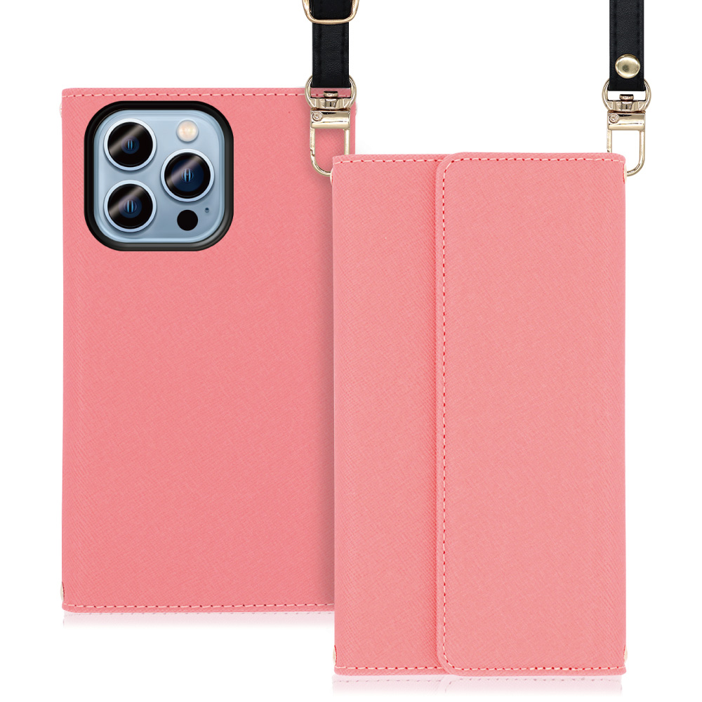 LOOF Strap Series iPhone 14 Pro 用 [ピンク] 両手が使える ネックストラップ ショルダー ロングストラップ付きケース カード収納 幅広ポケット