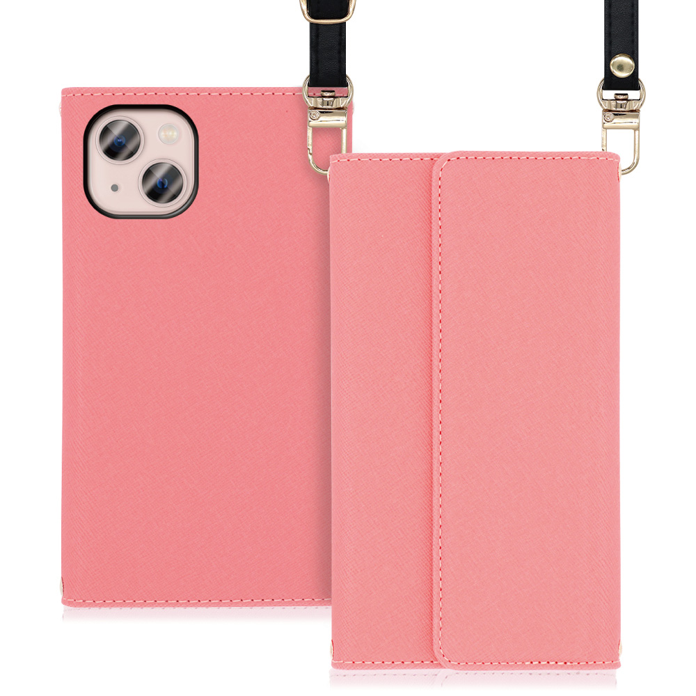 LOOF Strap Series iPhone 13  用 [ピンク] 両手が使える ネックストラップ ショルダー ロングストラップ付きケース カード収納 幅広ポケット