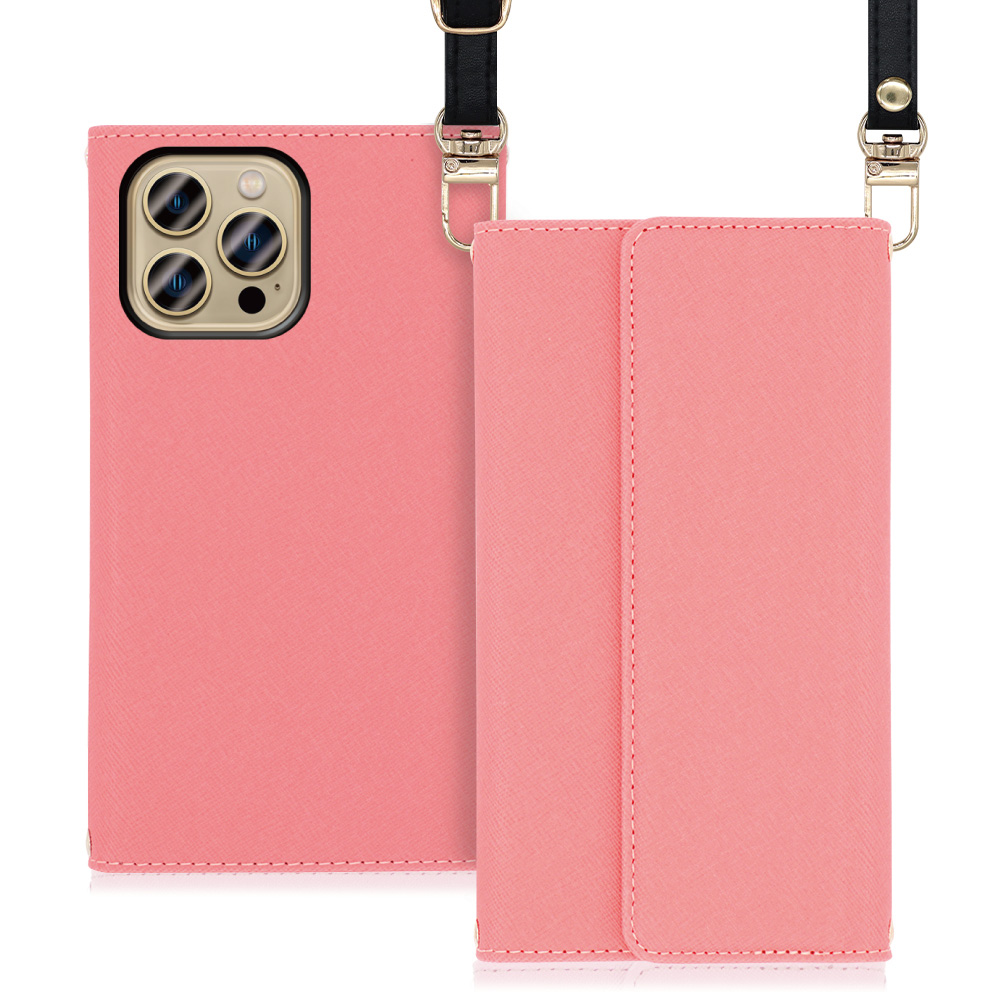 LOOF Strap Series iPhone 13 Pro Max 用 [ピンク] 両手が使える ネックストラップ ショルダー ロングストラップ付きケース カード収納 幅広ポケット