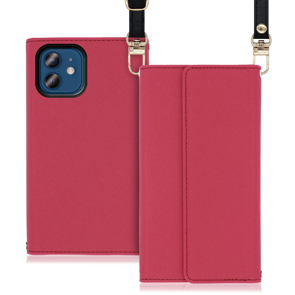 LOOF Strap Series iPhone 12 / 12 Pro 用 [ダスティローズ] 両手が使える ネックストラップ ショルダー ロングストラップ付きケース カード収納 幅広ポケット