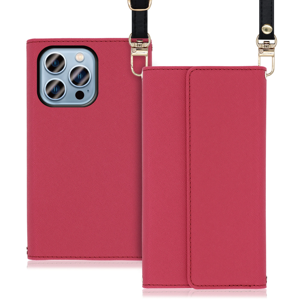 LOOF Strap Series iPhone 13 Pro 用 [ダスティローズ] 両手が使える ネックストラップ ショルダー ロングストラップ付きケース カード収納 幅広ポケット