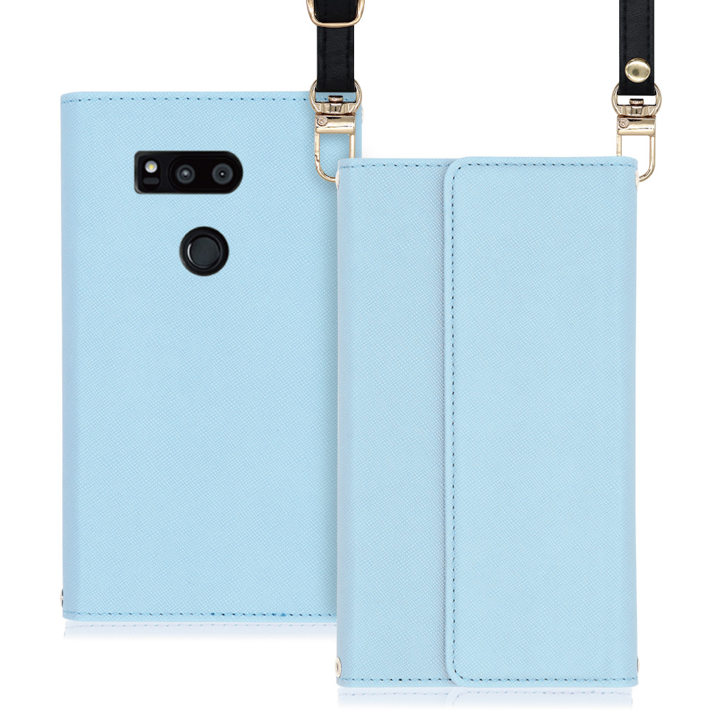 LOOF Strap LG V30+ / LGV35 / L-01K 用 [ブルー] 両手が使える ネックストラップ ショルダー ロングストラップ付きケース カード収納 幅広ポケット