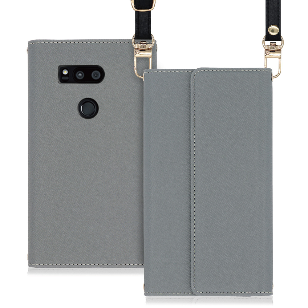 LOOF Strap LG V30+ / LGV35 / L-01K 用 [グレー] 両手が使える ネックストラップ ショルダー ロングストラップ付きケース カード収納 幅広ポケット