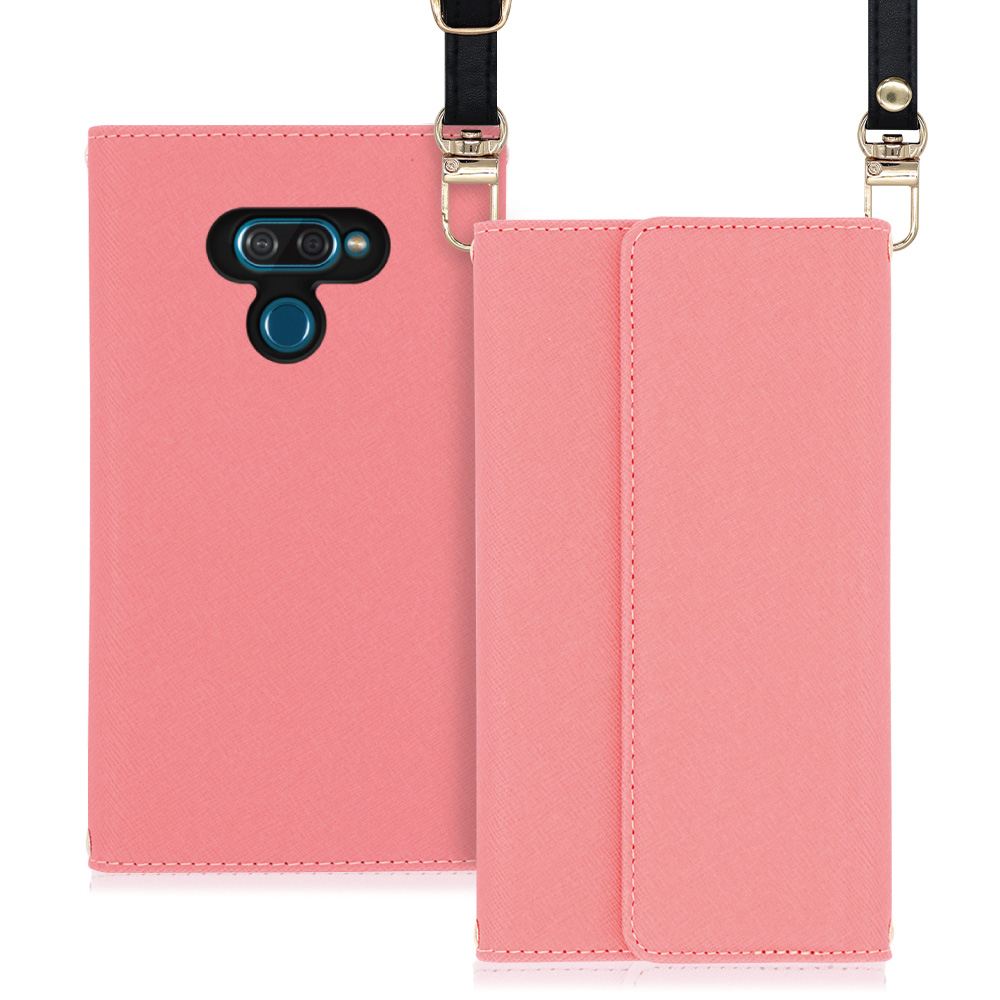 LOOF Strap LG K50 用 [ピンク] 両手が使える ネックストラップ ショルダー ロングストラップ付きケース カード収納 幅広ポケット