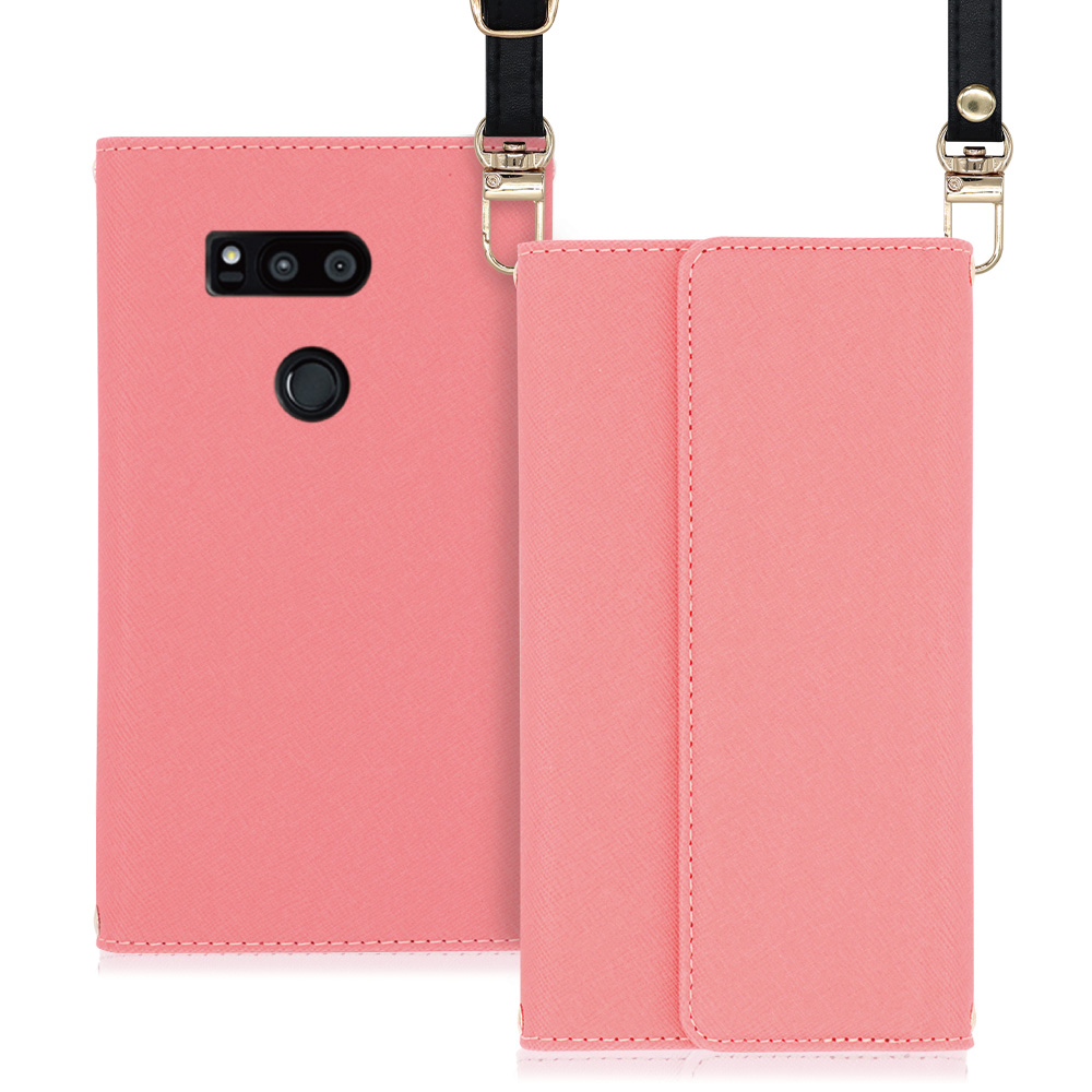 LOOF Strap LG V30+ / LGV35 / L-01K 用 [ピンク] 両手が使える ネックストラップ ショルダー ロングストラップ付きケース カード収納 幅広ポケット