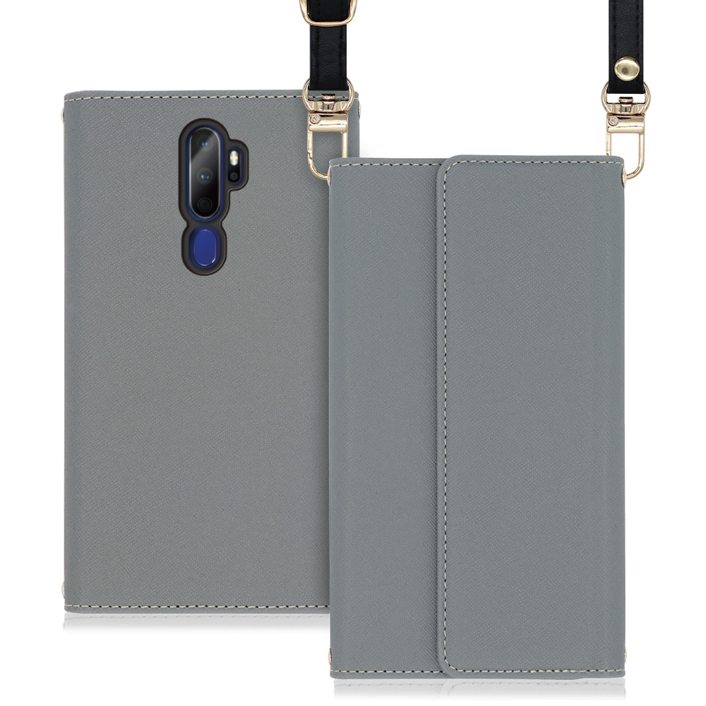 LOOF Strap OPPO A5 2020 用 [グレー] 両手が使える ネックストラップ ショルダー ロングストラップ付きケース カード収納 幅広ポケット