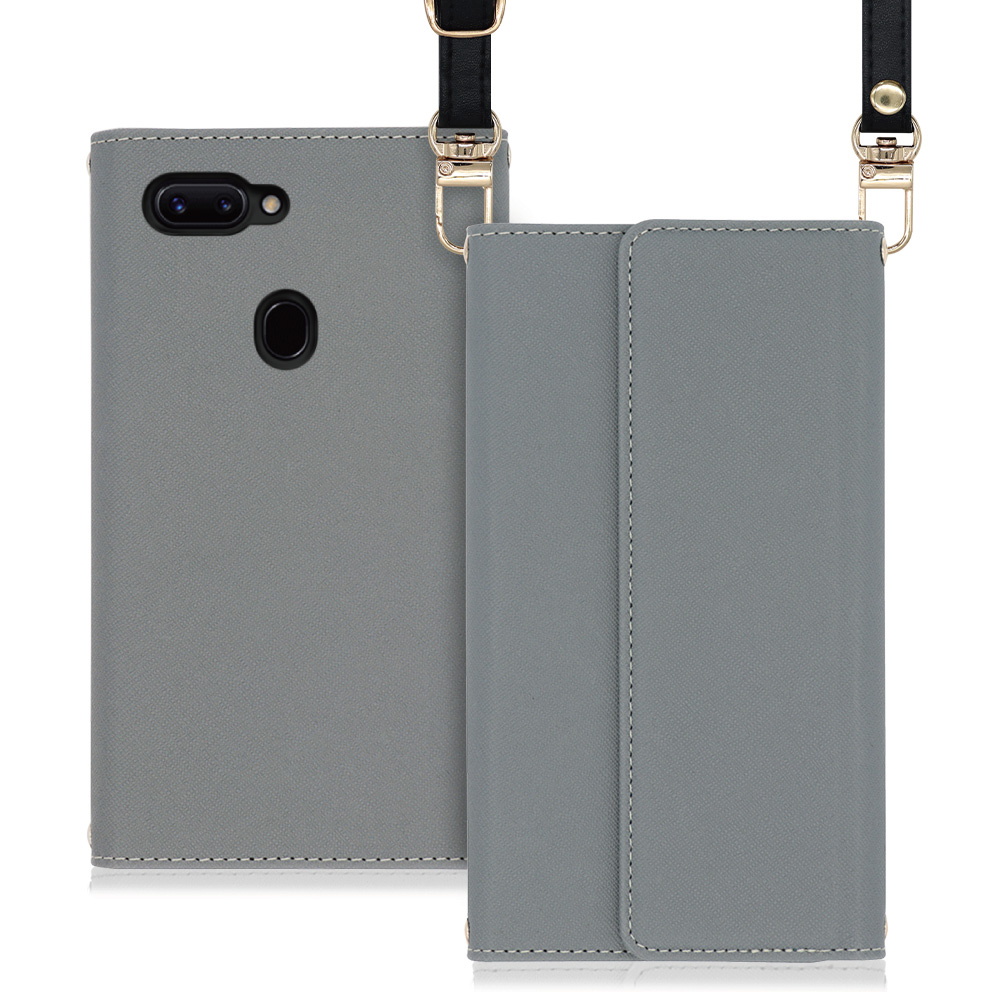 LOOF Strap OPPO R15 Pro 用 [グレー] 両手が使える ネックストラップ ショルダー ロングストラップ付きケース カード収納 幅広ポケット