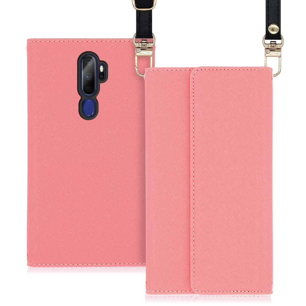 LOOF Strap OPPO A5 2020 用 [ピンク] 両手が使える ネックストラップ ショルダー ロングストラップ付きケース カード収納 幅広ポケット