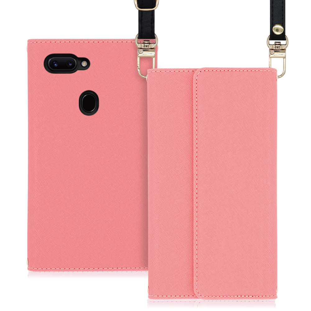 LOOF Strap OPPO R15 Pro 用 [ピンク] 両手が使える ネックストラップ ショルダー ロングストラップ付きケース カード収納 幅広ポケット