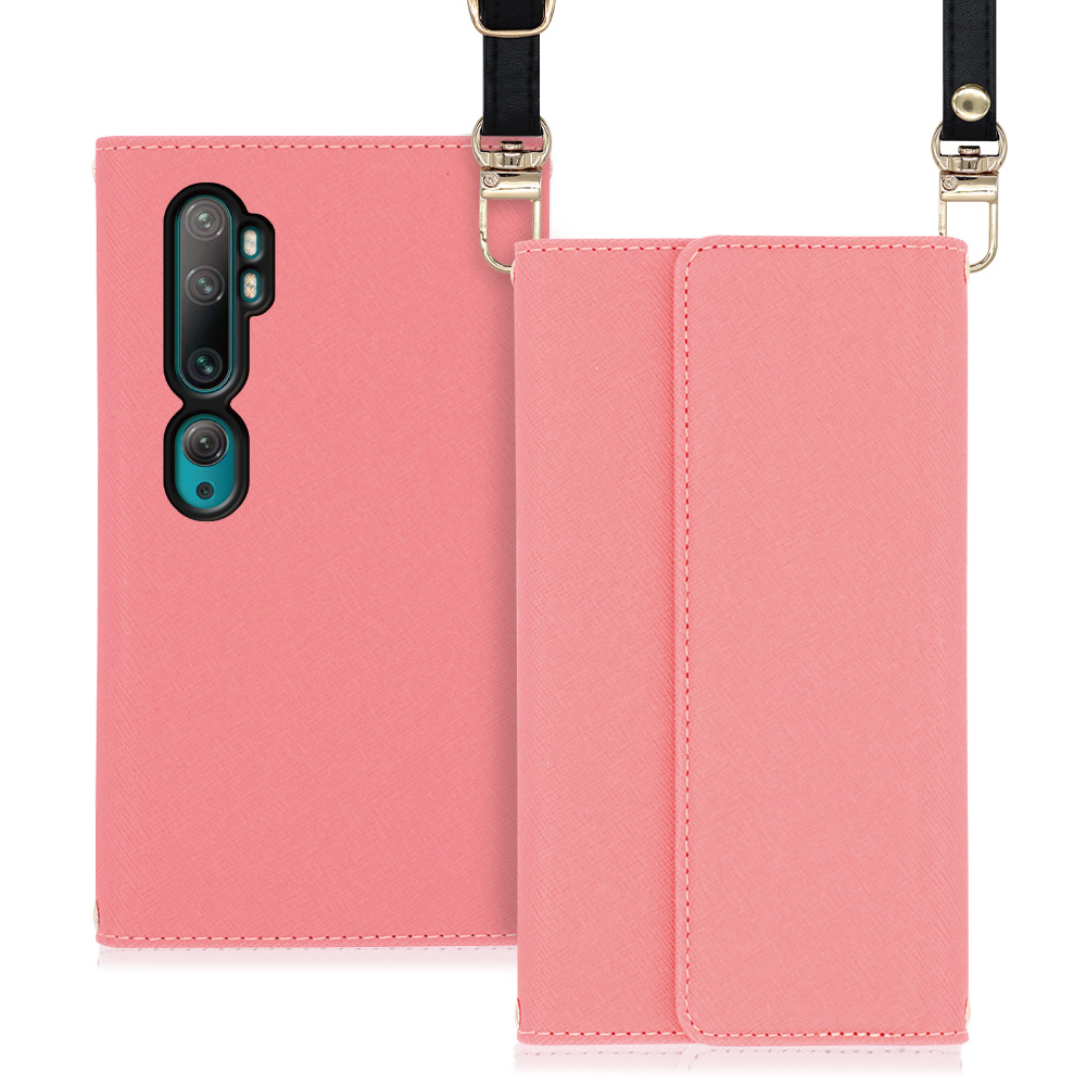 LOOF Strap Xiaomi Mi Note 10 / Mi Note 10 Pro / M1910F4G / M1910F4S 用 [ピンク] 両手が使える ネックストラップ ショルダー ロングストラップ付きケース カード収納 幅広ポケット