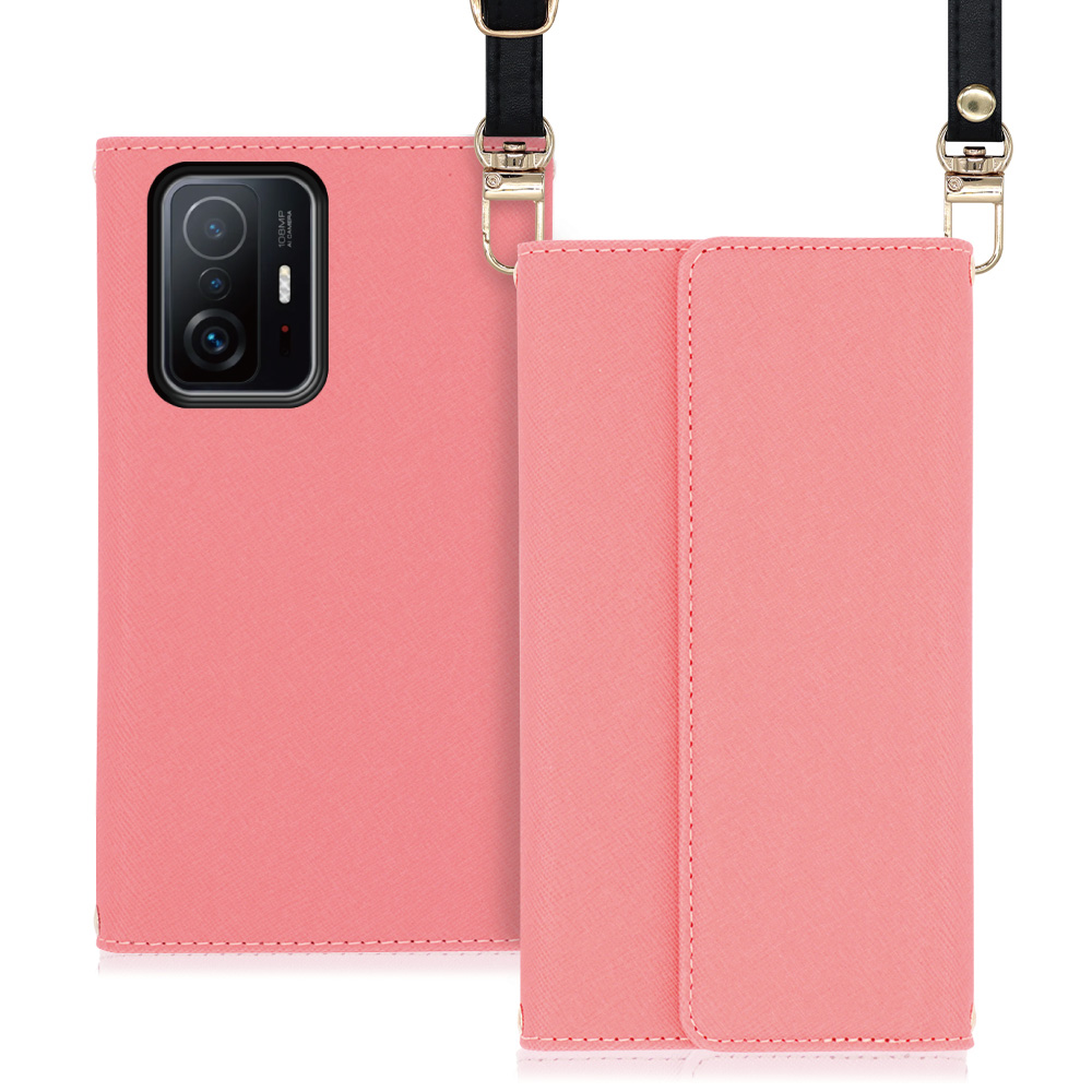 LOOF Strap Series Xiaomi 11T / 11T Pro 用 [ピンク] 両手が使える ネックストラップ ショルダー ロングストラップ付きケース カード収納 幅広ポケット
