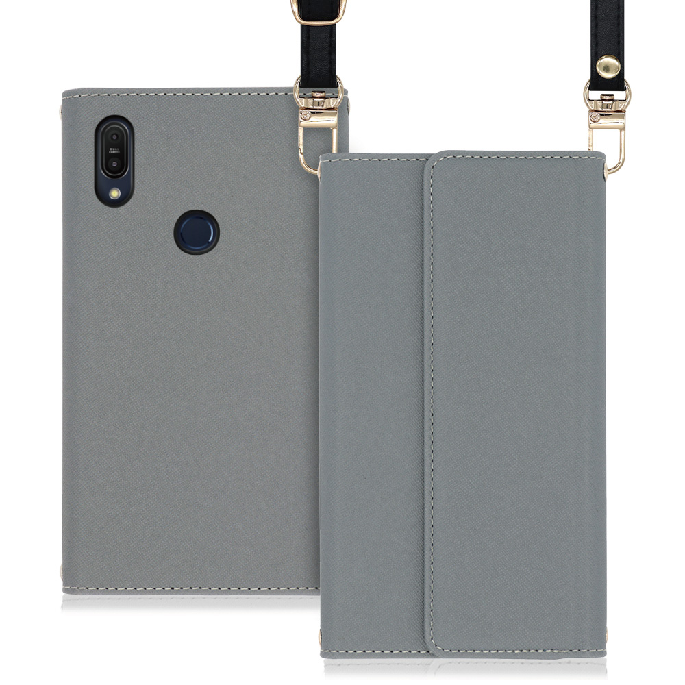LOOF Strap ZenFone Max Pro (M1) / ZB602KL 用 [グレー] 両手が使える ネックストラップ ショルダー ロングストラップ付きケース カード収納 幅広ポケット