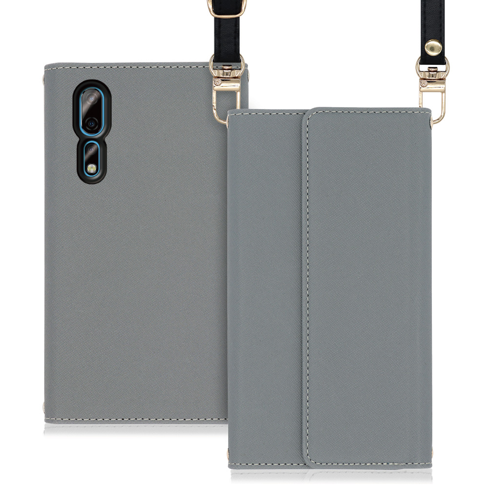 LOOF Strap Axon 10 Pro 5G 用 [グレー] 両手が使える ネックストラップ ショルダー ロングストラップ付きケース カード収納 幅広ポケット